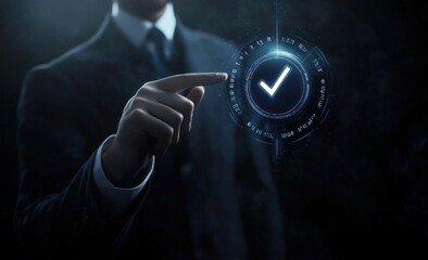 Businessman pointing at a digital checkmark, signifying approval, success, or completion of a task.