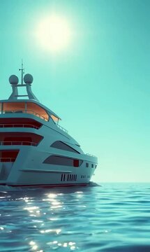 A yacht sailing on a sunny blue ocean under a bright sky, modern flat design, simple two-dimensional shapes