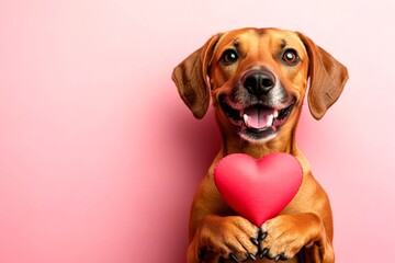 Ad idea. Rhodesian ridgeback - my cherished dog. Cute rhodesian ridgeback dog with domestic animal toy red heart - emblem of love, funny greeting card. Cute animal love. Love and care.