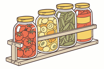 88 Glass jars, preserved foods, yellow lids, tomato sauce, pickled vegetables, olives, garlic cloves, peppers, artichoke hearts, mushrooms, assorted pickles, pantry staples, colorful array, transparen