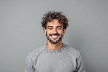 Obraz premium Happy young man with curly hair and a beard, wearing a gray sweater, smiling confidently against a neutral background. Concept of positivity and confidence. Ai generative