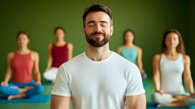 A yoga instructor guiding a group of people through a calming and rejuvenating meditation session in a peaceful serene setting