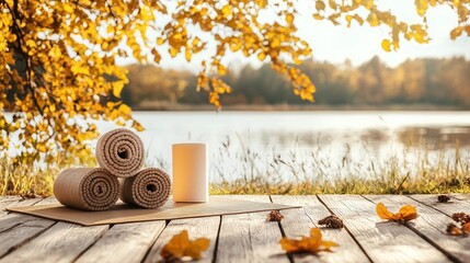 Rolled Yoga Mats and Candle by Autumn Lake