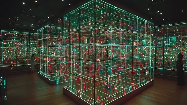 Illuminated cubes containing small objects are in a museum exhibit space