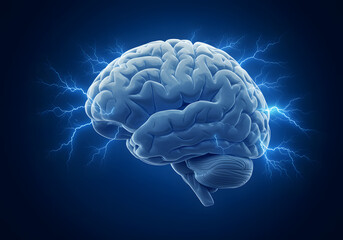 Obraz premium Human brain digital illustration. Electrical activity, flashes and lightning on a blue background. Digital Illustration of the Human Brain. Electrical Activity, Flashes, and Lightning