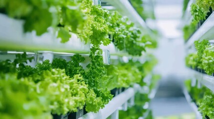Indoor vertical farm, lettuce cultivation, hydroponic system, bright background, healthy food production