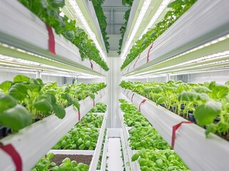 Indoor vertical farm, plants growing under LED lights, efficient agriculture