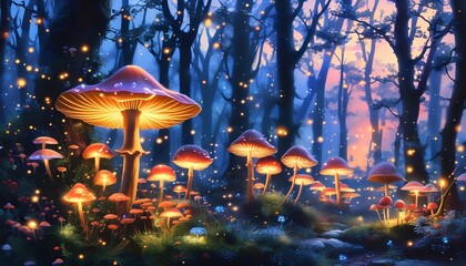 Fototapeta premium Glowing Magical Mushrooms in Enchanted Forest at Night