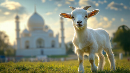 Obraz premium Cute goat standing on green grass in front of a mosque