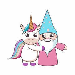Fototapeta premium Gnome and Unicorn, cheerful gnome and friendly unicorn share joyful moment together in whimsical scene