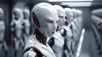 Fototapeta premium Futuristic Humanoid Robots Standing in a Row AI Technology Close up View