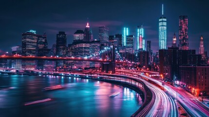 Night city skyline, New York, illuminated bridges, vibrant lights