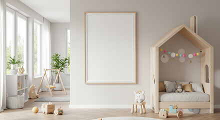 Frame mockup, ISO A paper size. Kids Room wall poster mockup. Interior mockup with house background. Modern interior design. 3D render