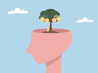 Human head and tree with coins concept of growth mindset of saving money, financial investment management, retirement planning, growth business, high return, profits increase flat vector illustration.