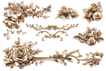 Ornate Gold Floral Designs Baroque Style Decoration Elements, isolated on transparent background