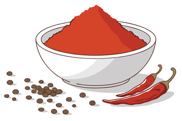 90 vibrant red spice powder, white ceramic bowl, heap of aromatic seasoning, fine ground chili, paprika or cayenne, intense color, food photography, stark white background, high contrast, macro detail