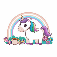 Gnome and Unicorn, whimsical gnome admires charming unicorn under vibrant rainbow surrounded by colorful flowers and small pot