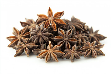 Incredibly detailed close-up for advertising showcasing star anise seeds on white.