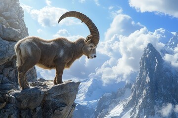 Majestic ibex on clifftop, mountain range background, freedom concept, nature photography