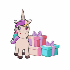 Naklejka premium Gnome and Unicorn, whimsical unicorn stands beside colorful gift boxes, radiating joy and magic in playful scene
