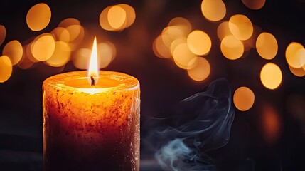 A glowing candle with smoke drifting in a blurred background