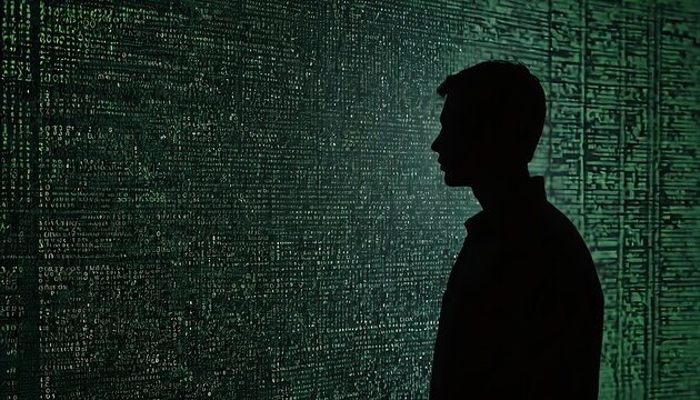 Silhouette of a Person Against a Wall of Code