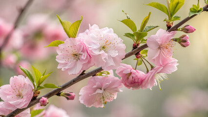 Fototapeta premium Soft pink cherry blossom branch in full bloom with natural light