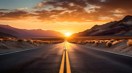 Majestic Sunset over Desert Highway Scenic Road Trip Open Road at Golden Hour