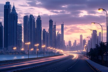 Fototapeta premium A modern cityscape road during twilight with glowing street lamps and skyscrapers in the backdrop.
