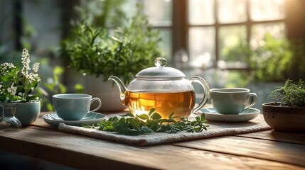 Elegant herbal tea setup with teacups and teapot surrounded by fresh herbs on a light wooden table