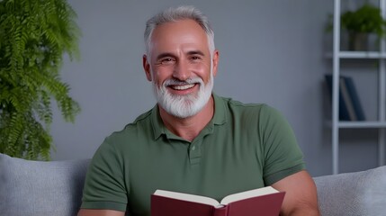 An elderly gentleman with a warm smile relaxes on a couch engrossed in reading a book and enjoying a moment of leisure and contemplation in his home