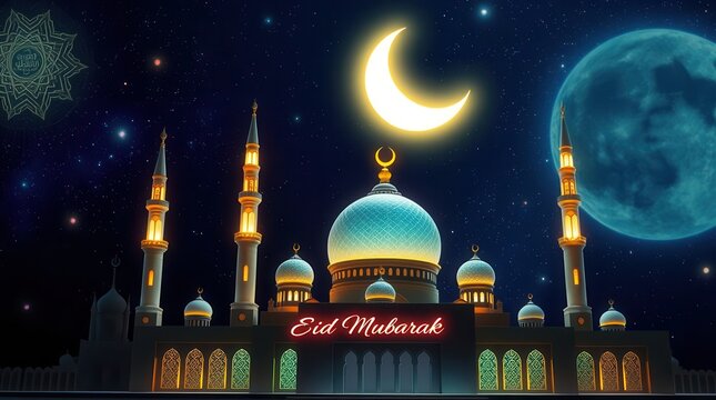 "Eid Mubarak Festive Night Sky with Glowing Lanterns & Calligraphy"


