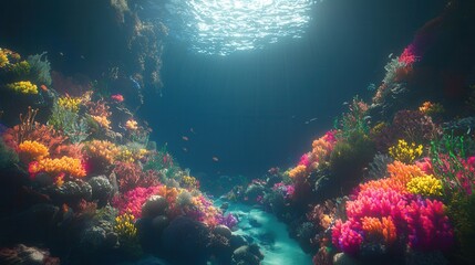 Obraz premium Vibrant Coral Reef Underwater Scene Sunlit Ocean Floor