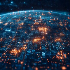 Obraz premium Futuristic Global Network Illuminated Digital Cityscape on Planet Earth