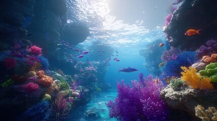 Fototapeta premium Vibrant Coral Reef Scene with Colorful Fish and Shark