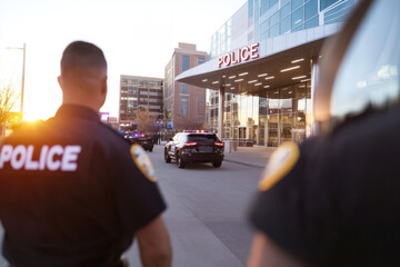 Police officers guarding station at sunset with us flag