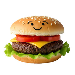 Playful hamburger art with smiling face whimsical fast food design on transparent background