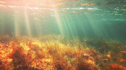 Underwater Sunlight Illuminating Seaweed on Ocean Floor