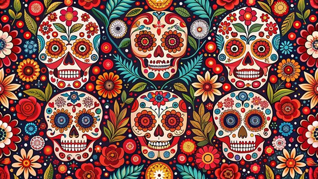 Day of the Dead: A vibrant and intricate illustration featuring decorative skulls and colorful floral elements, celebrating the traditional Mexican holiday.