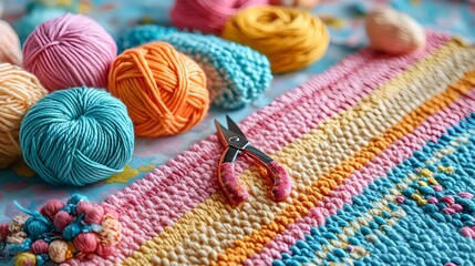 Inviting DIY craft project flat lay with colorful yarns, scissors, and handmade items fostering creativity and fun