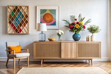 Home Decor with Scandinavian Wooden Cabinet and Abstract Painting