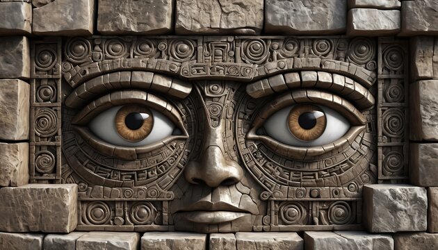 Ancient Stone Face with Intricate Mayan-Style Carvings