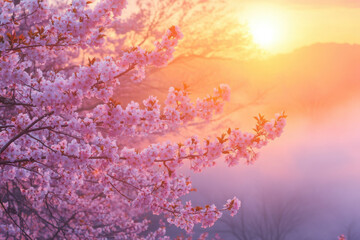  Stunning sunrise over cherry blossoms with warm light and misty spring atmosphere