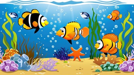 Naklejka premium underwater life scene decorated with fish and plants