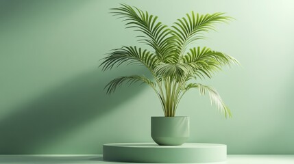 Obraz premium Minimalist plant display, mint green backdrop, product presentation