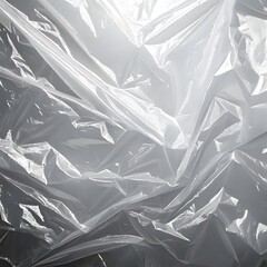 Transparent crumpled plastic sheet with light reflections and abstract folds