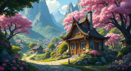 Obraz premium A peaceful village with cherry blossoms, wooden houses, and mountains under a bright blue sky.