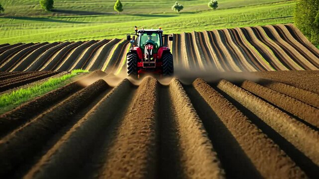 Manure application on arable farmland with tractor over freshly plowed fields during the early hours of a sunny day