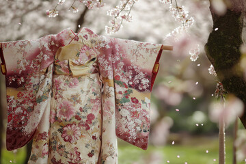 Elegant kimono with floral patterns displayed under cherry blossoms and falling petals