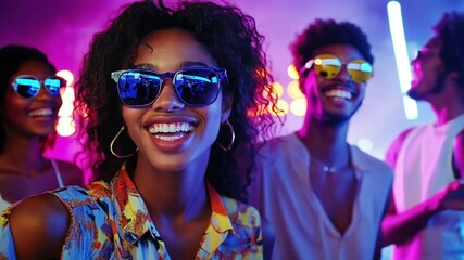 Happy friends partying in neon light